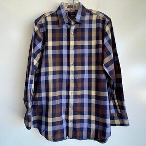 VIYELLA London Plaid Long Sleeve Cotton Button Up Shirt Blue Brown Medium ~EUC